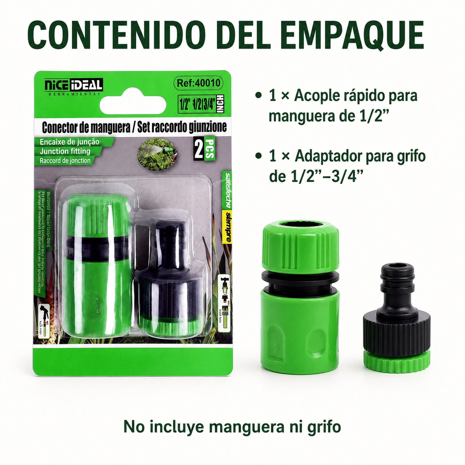 Contenido del empaque: acople rápido y adaptador para grifo, SKU 40010