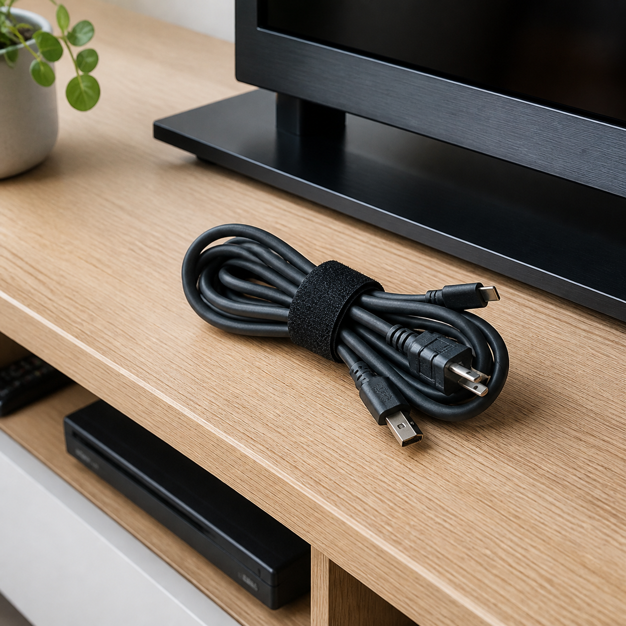 Velcro negro organizando un cable en el hogar