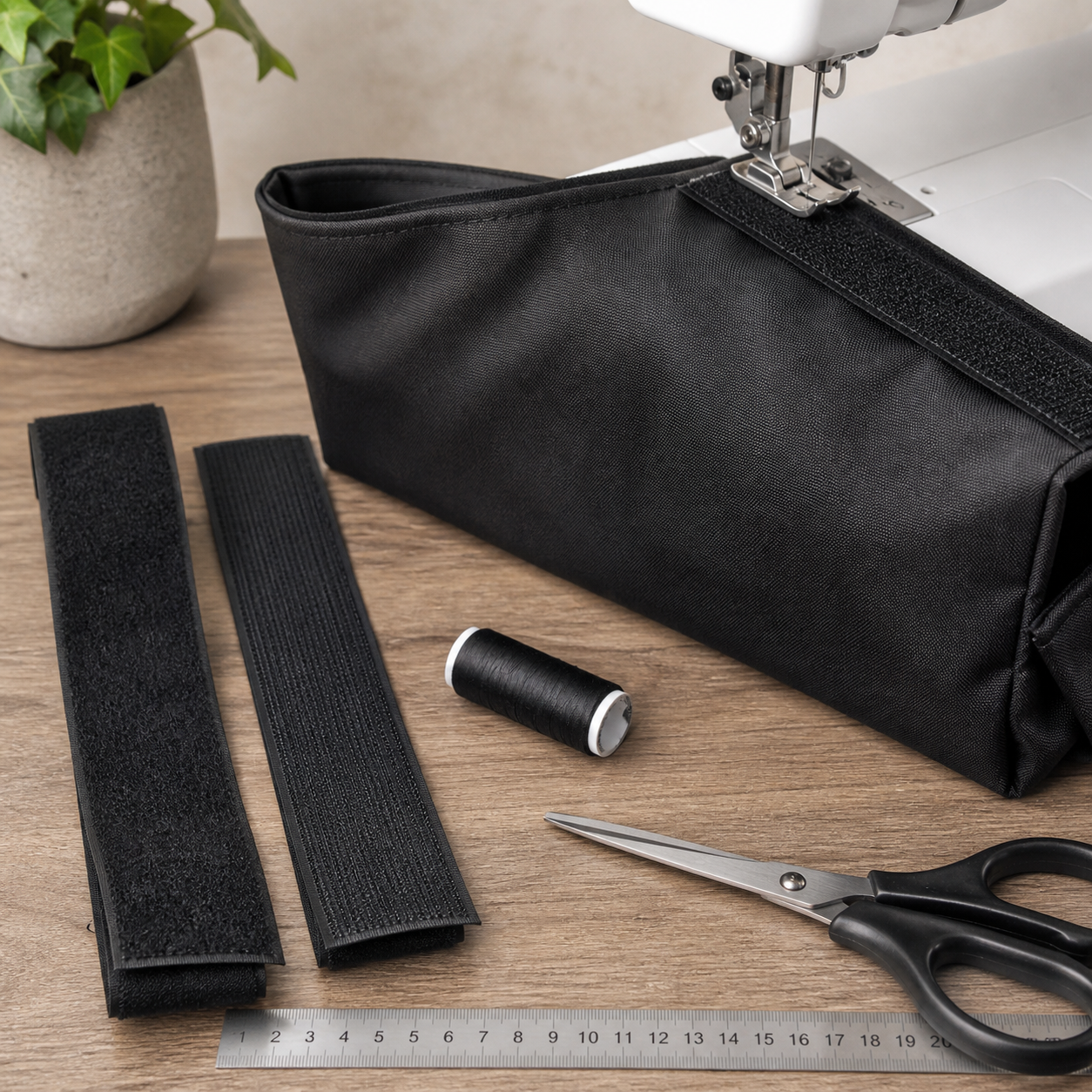 Cinta de velcro negra cosida en un estuche de tela