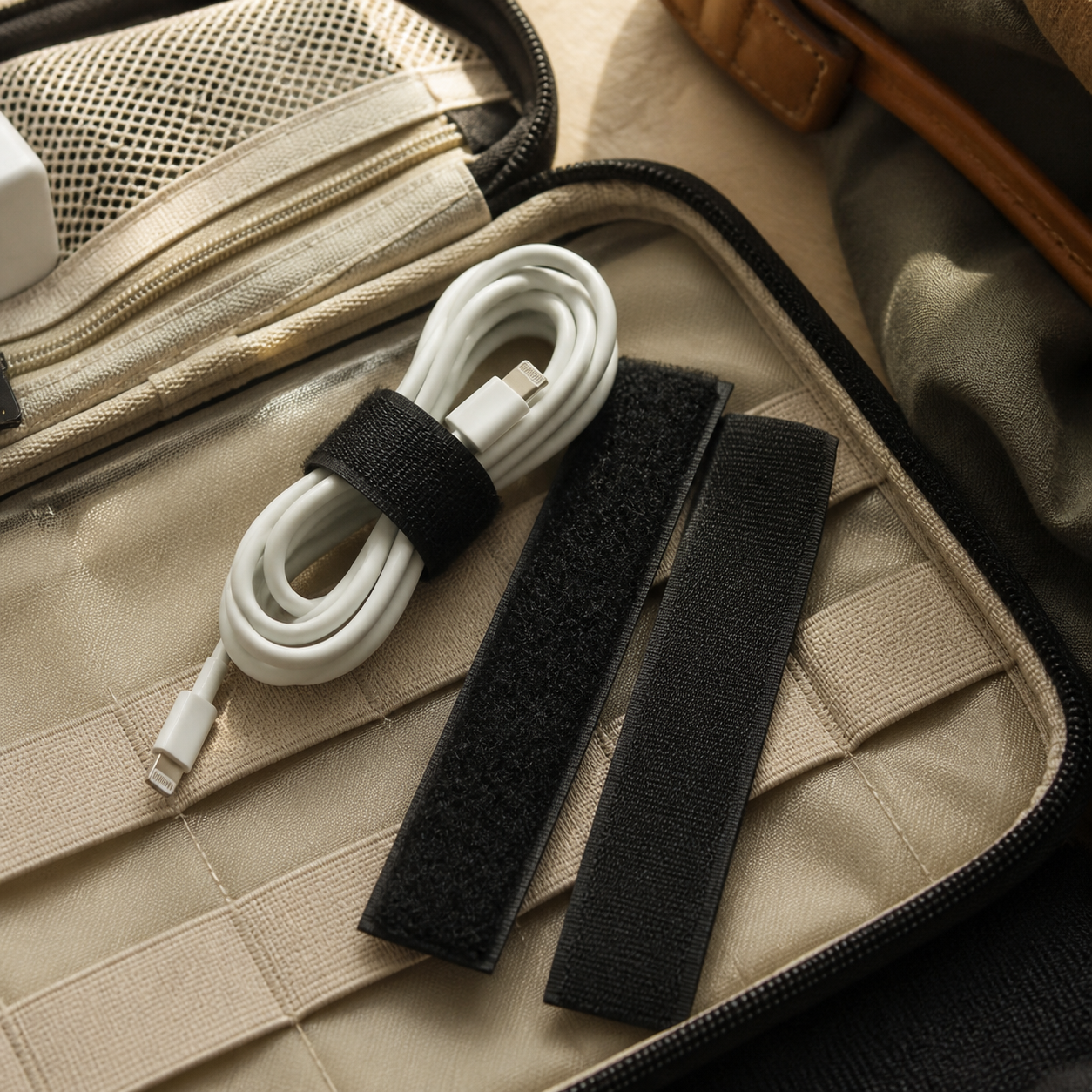 Velcro negro organizando un cable dentro de un estuche de viaje