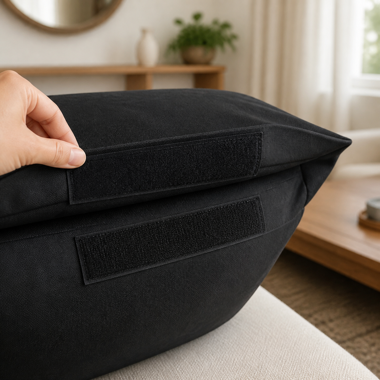 Velcro negro cosido como cierre de una funda en el hogar