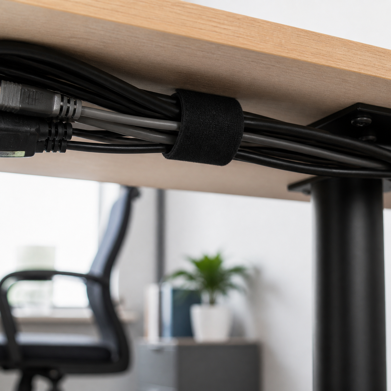 Velcro negro organizando cables debajo de un escritorio