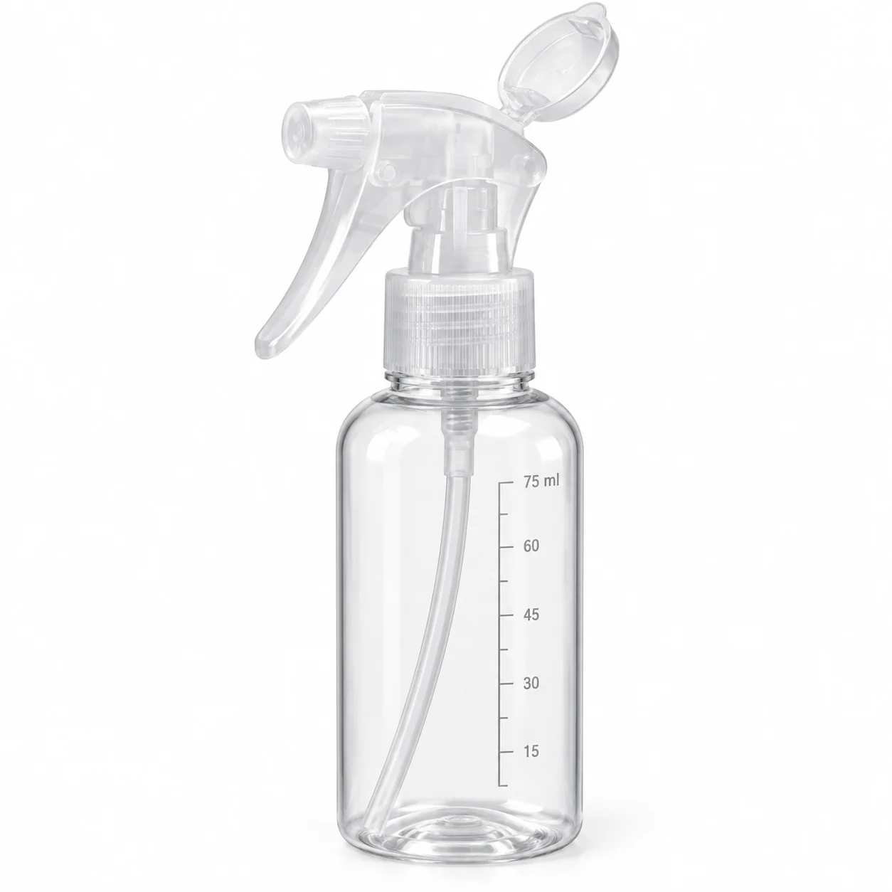 Botella pulverizadora 75 ml con bomba, gatillo y tapa abatible, SKU 15846