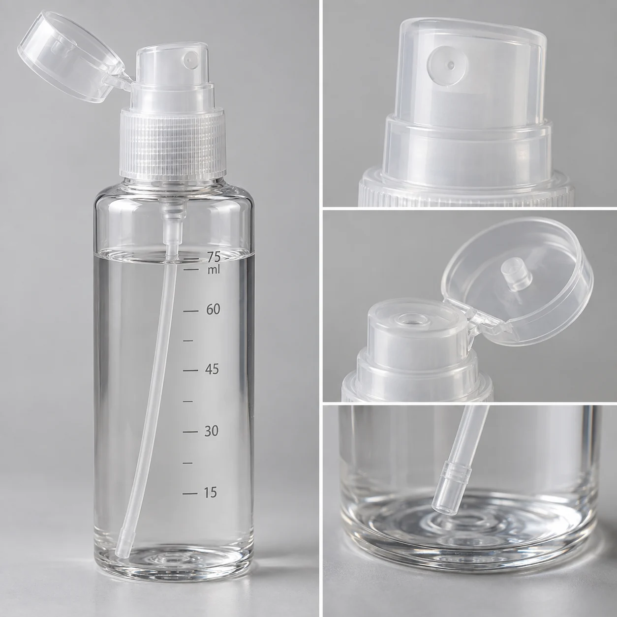 Botella pulverizadora 75 ml con bomba, gatillo y tapa abatible, SKU 15846 - Imagen 3