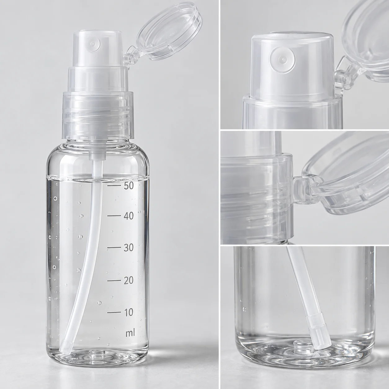 Botella pulverizadora 50 ml con bomba, gatillo y tapa abatible, SKU 15847 - Imagen 3