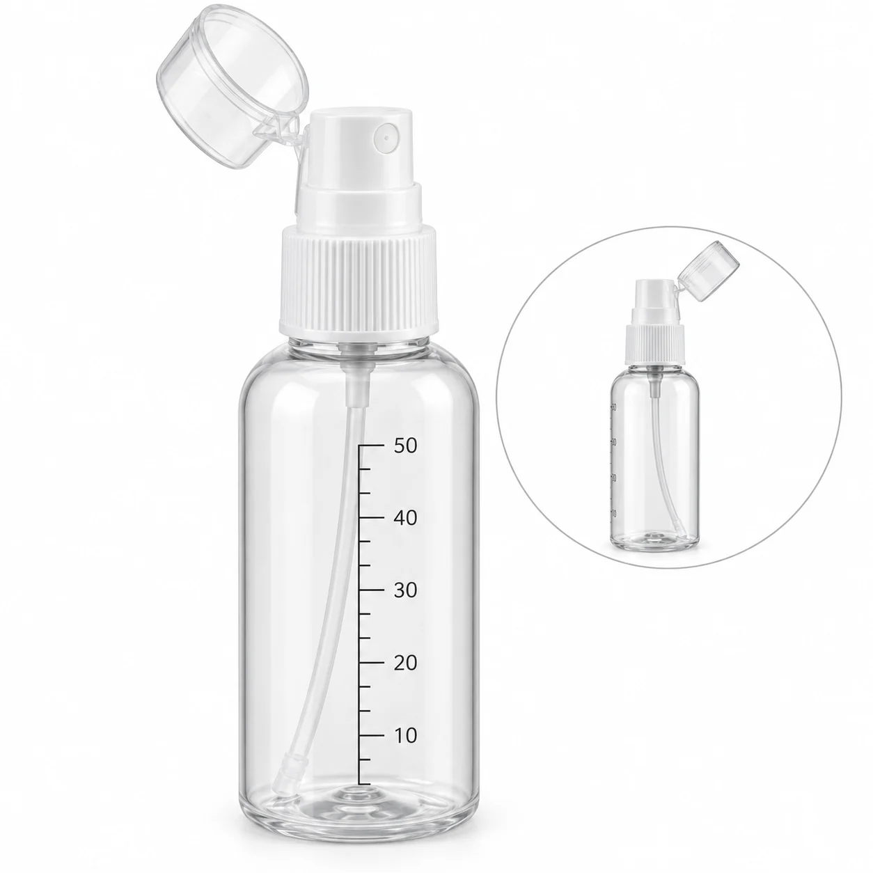 Botella pulverizadora 50 ml con bomba, gatillo y tapa abatible, SKU 15849 - Imagen 2