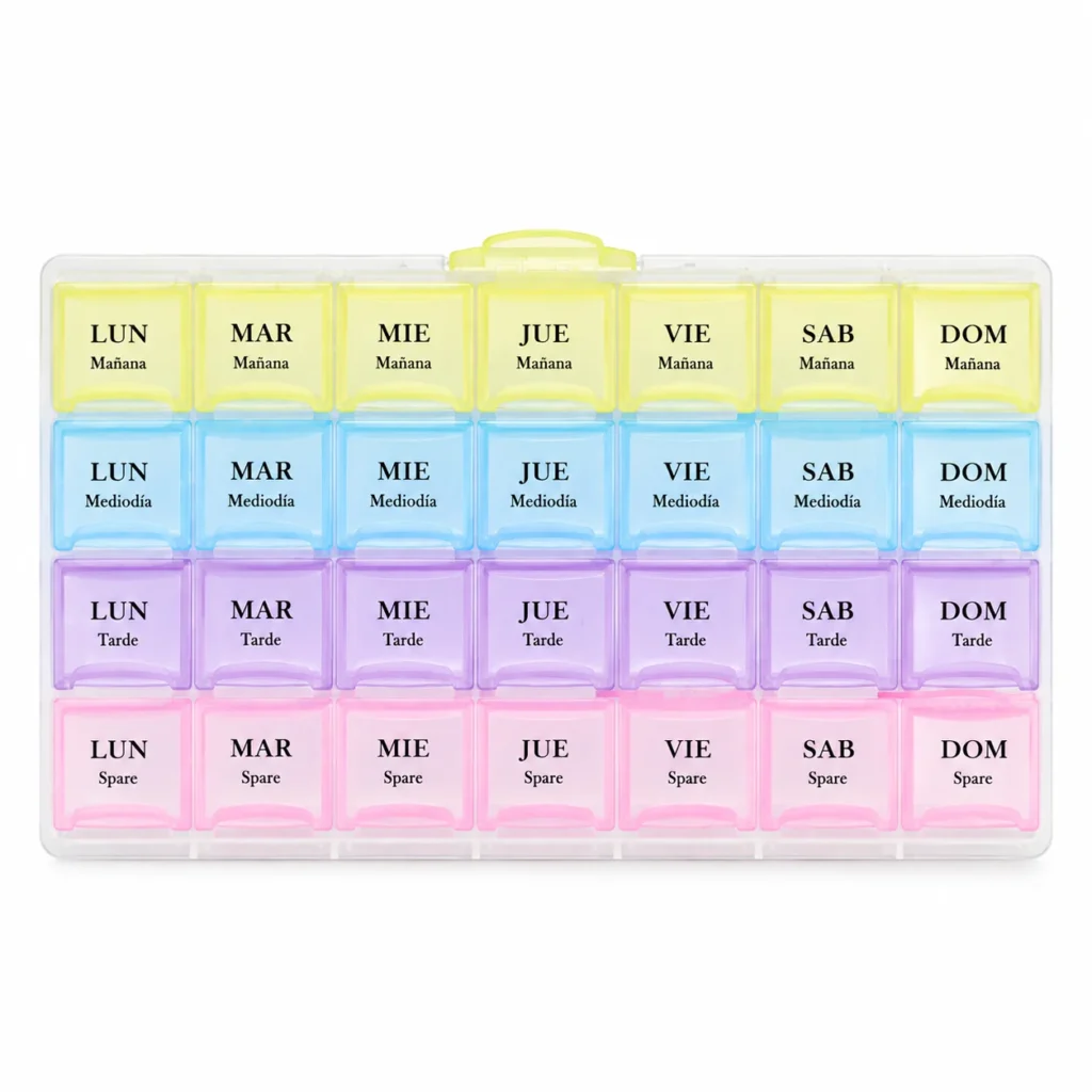 Pastillero modelo 5048 de 28 compartimentos colores surtidos, organizador de medicamentos, SKU 15858