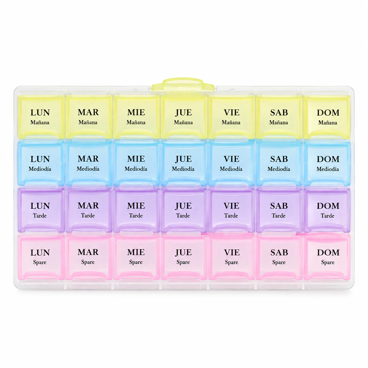 Pastillero modelo 5048 de 28 compartimentos colores surtidos, organizador de medicamentos, SKU 15858