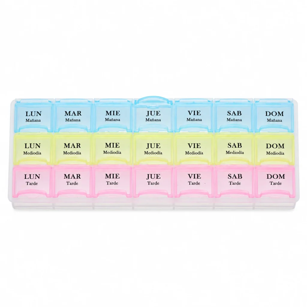 Pastillero modelo 5038 de 21 compartimentos colores surtidos, organizador de medicamentos, SKU 15859
