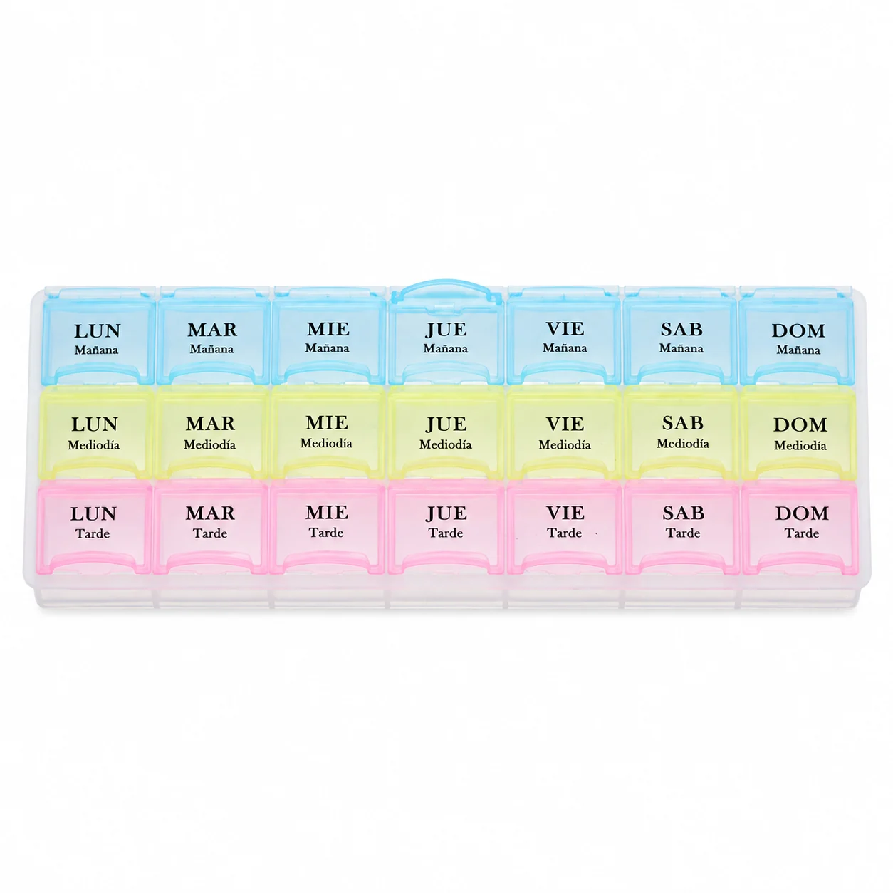 Pastillero modelo 5038 de 21 compartimentos colores surtidos, organizador de medicamentos, SKU 15859