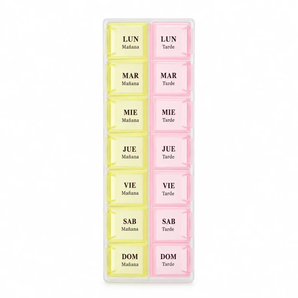 Pastillero modelo 5028 de 14 compartimentos colores surtidos, organizador de medicamentos, SKU 15860