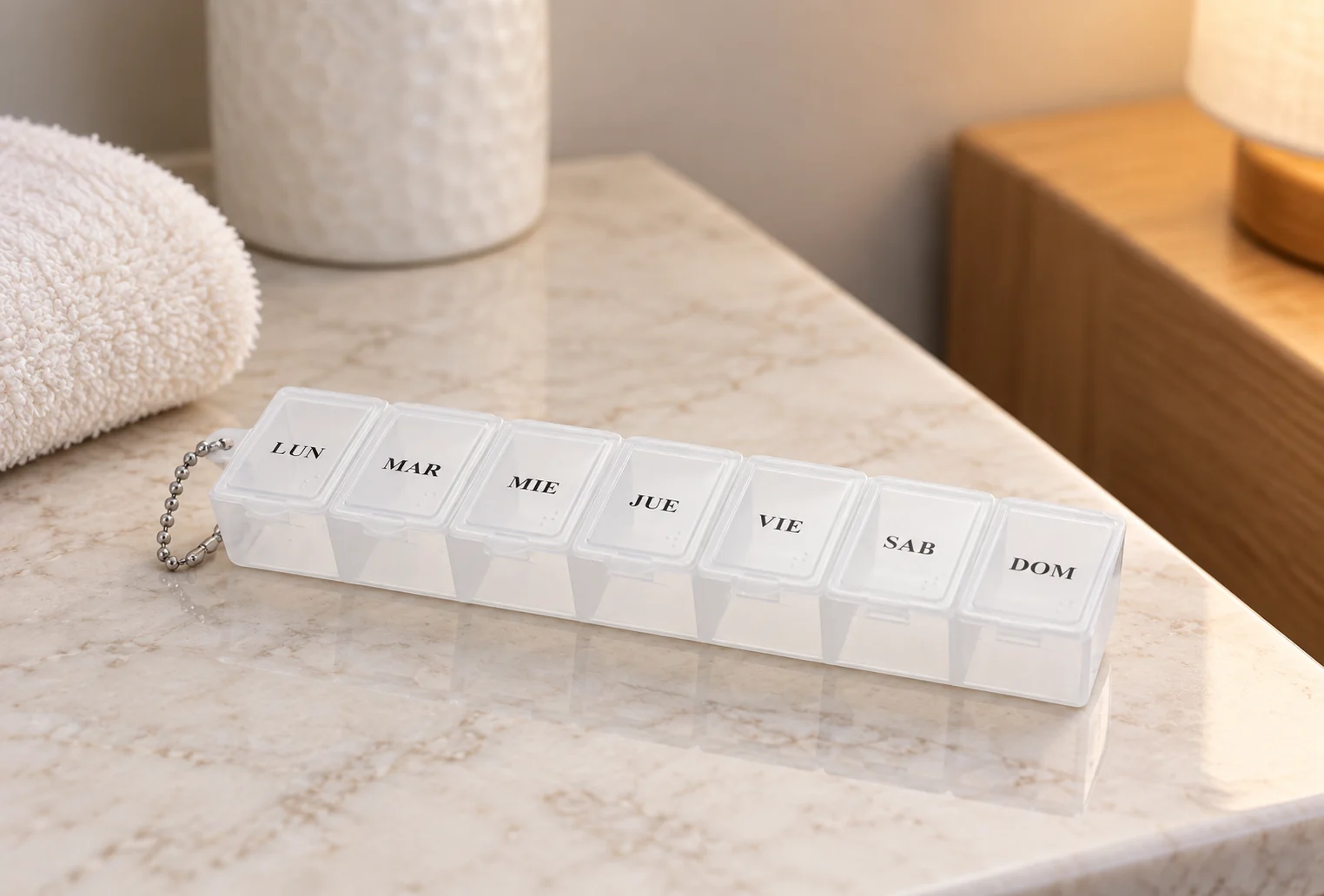 Pastillero de 7 compartimentos blanco, organizador de medicamentos, SKU 15862 - Imagen 5