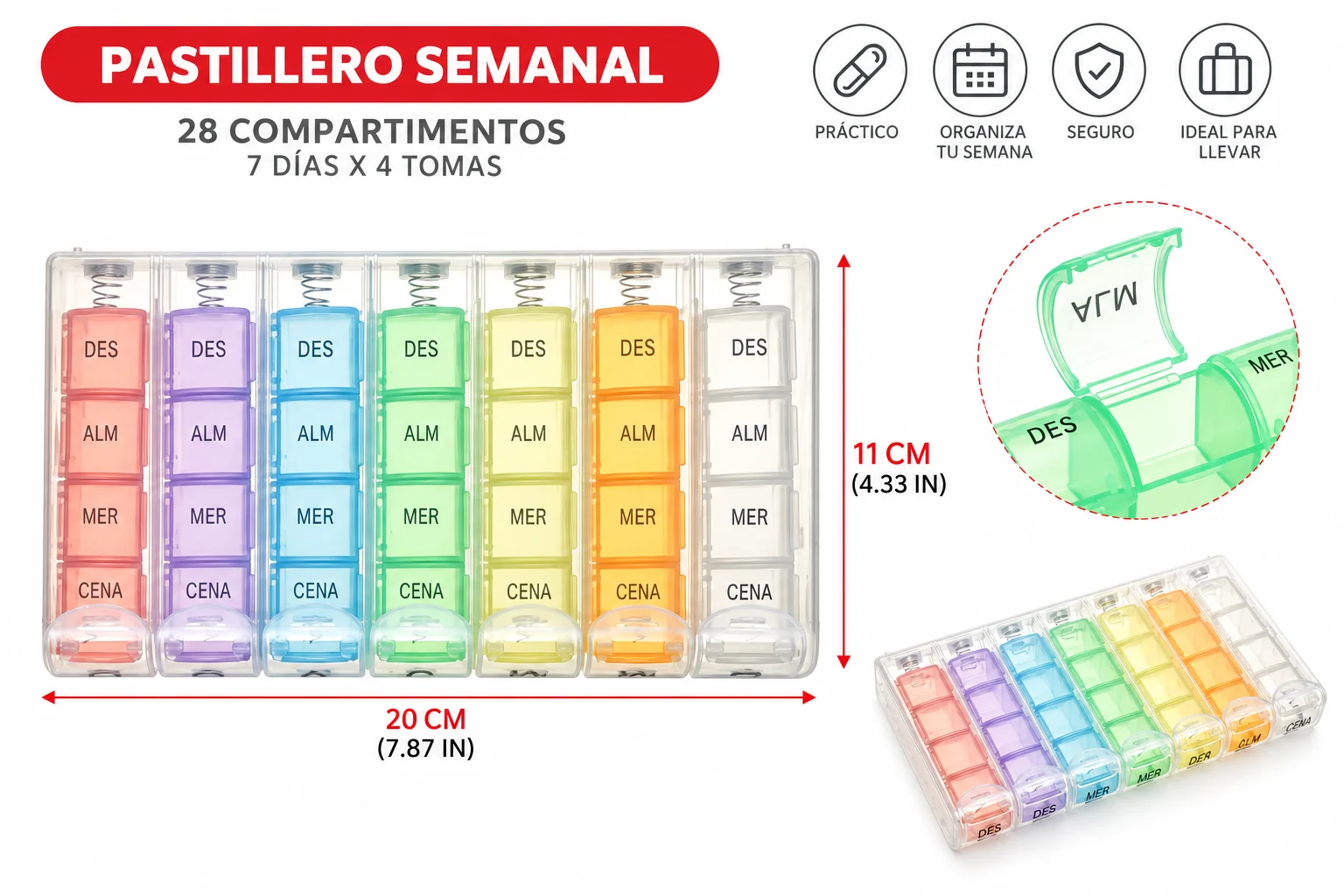 Pastillero modelo 5058 de 28 compartimentos, organizador de medicamentos, SKU 19317 - Imagen 5