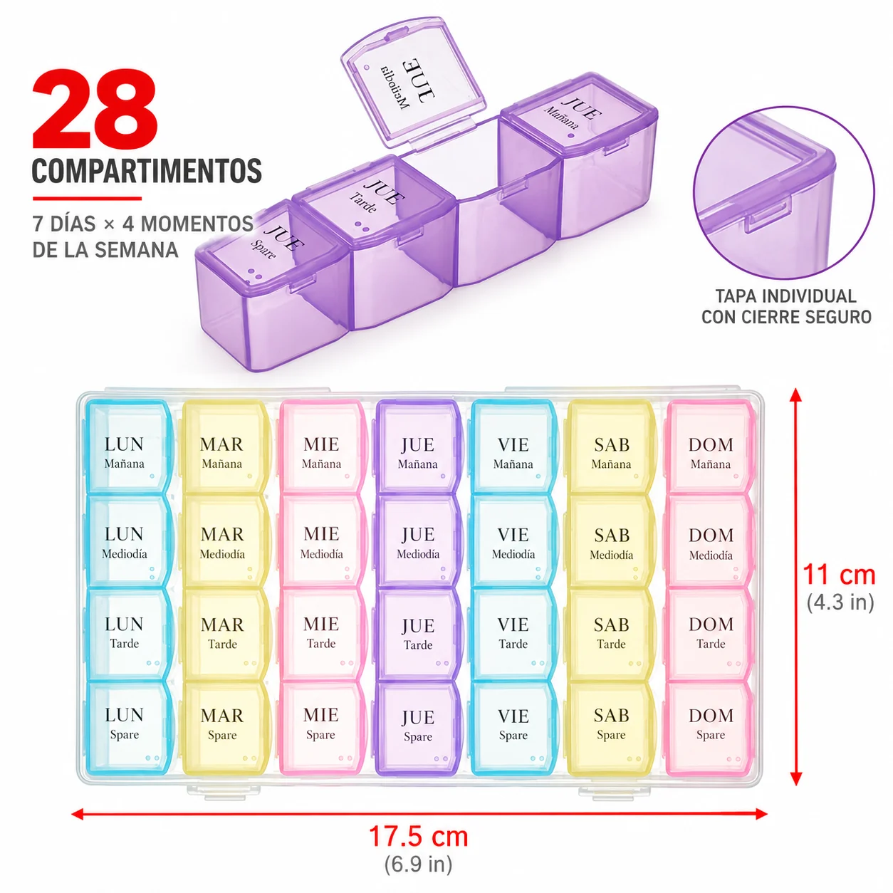 Pastillero modelo 5098 de 28 compartimentos, organizador de medicamentos, SKU 19318 - Imagen 5