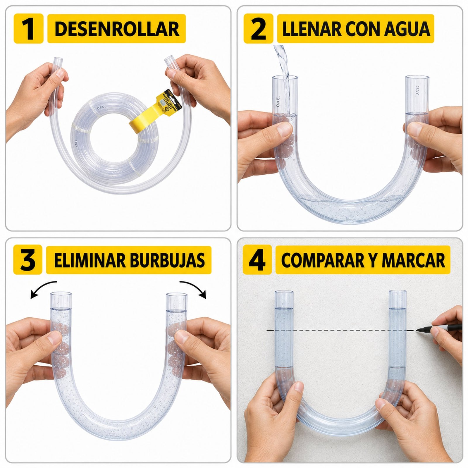 Pasos para desenrollar, llenar y comparar alturas con el tubo de nivel