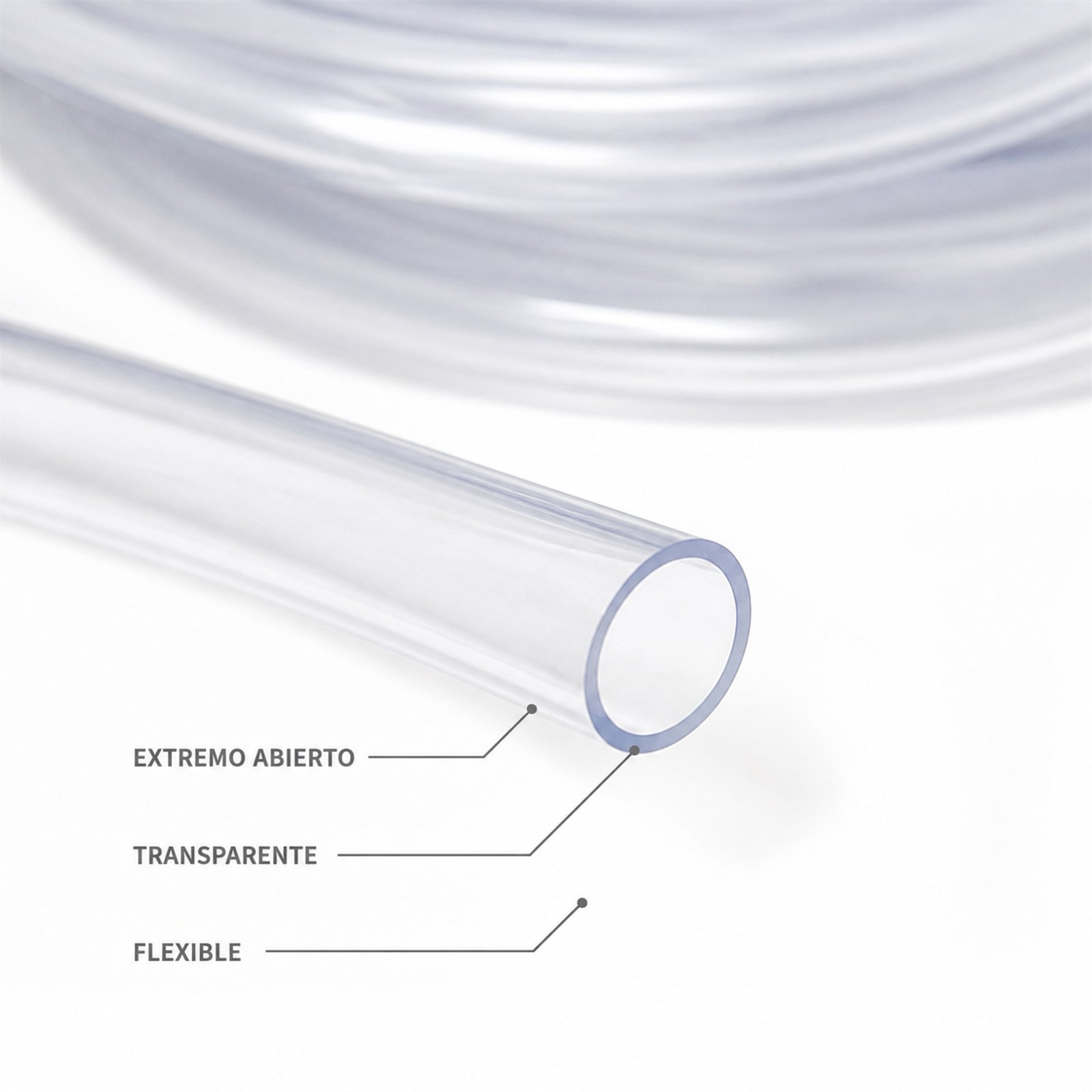 Detalle del extremo abierto y la flexibilidad del tubo transparente Ø8 mm