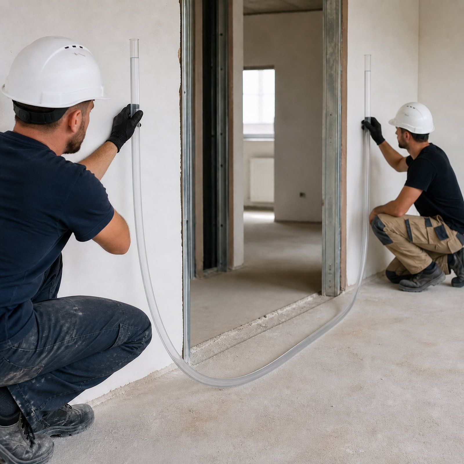 Trabajadores usando un tubo de nivel de 15 m entre habitaciones