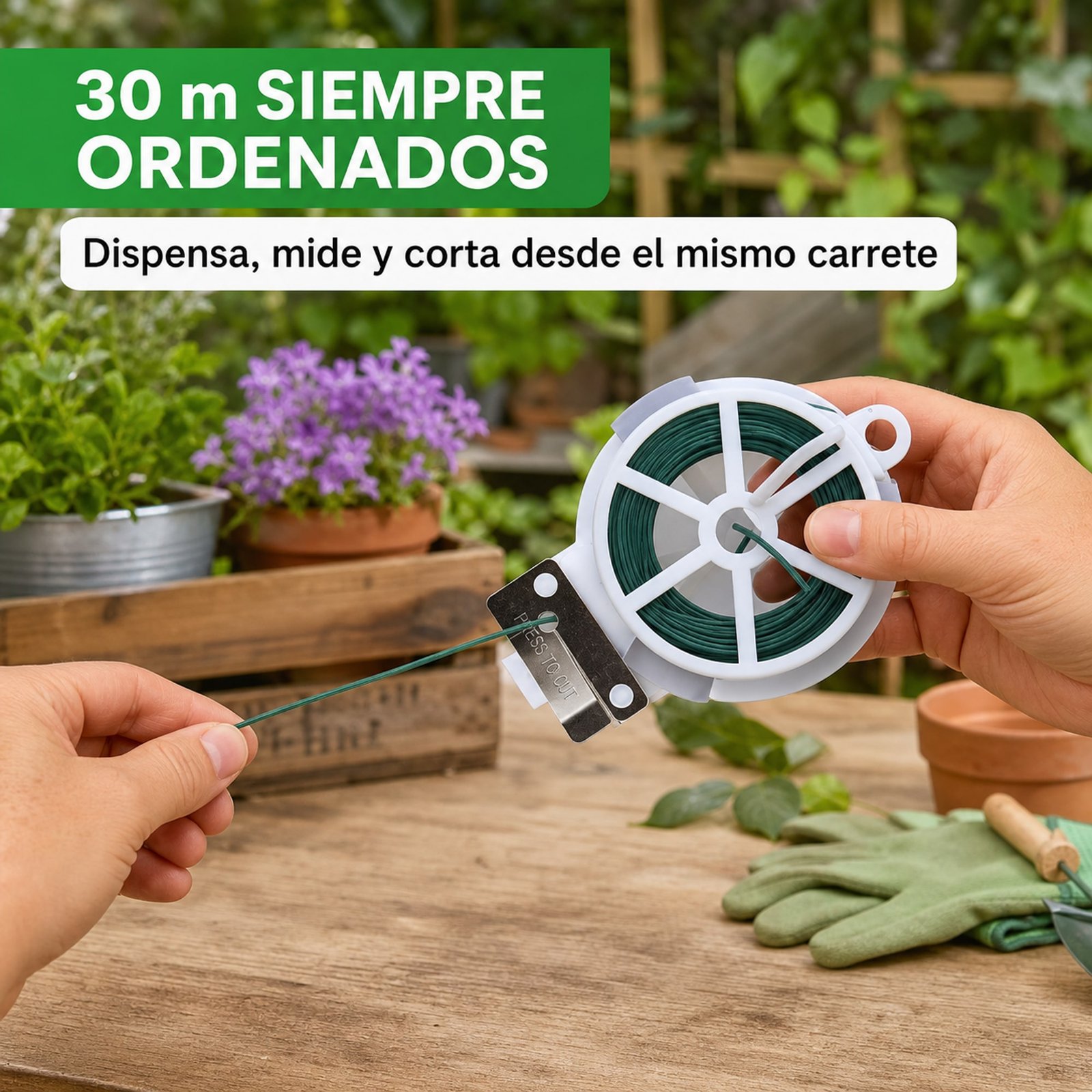 Carrete dispensando alambre de jardín verde de forma ordenada