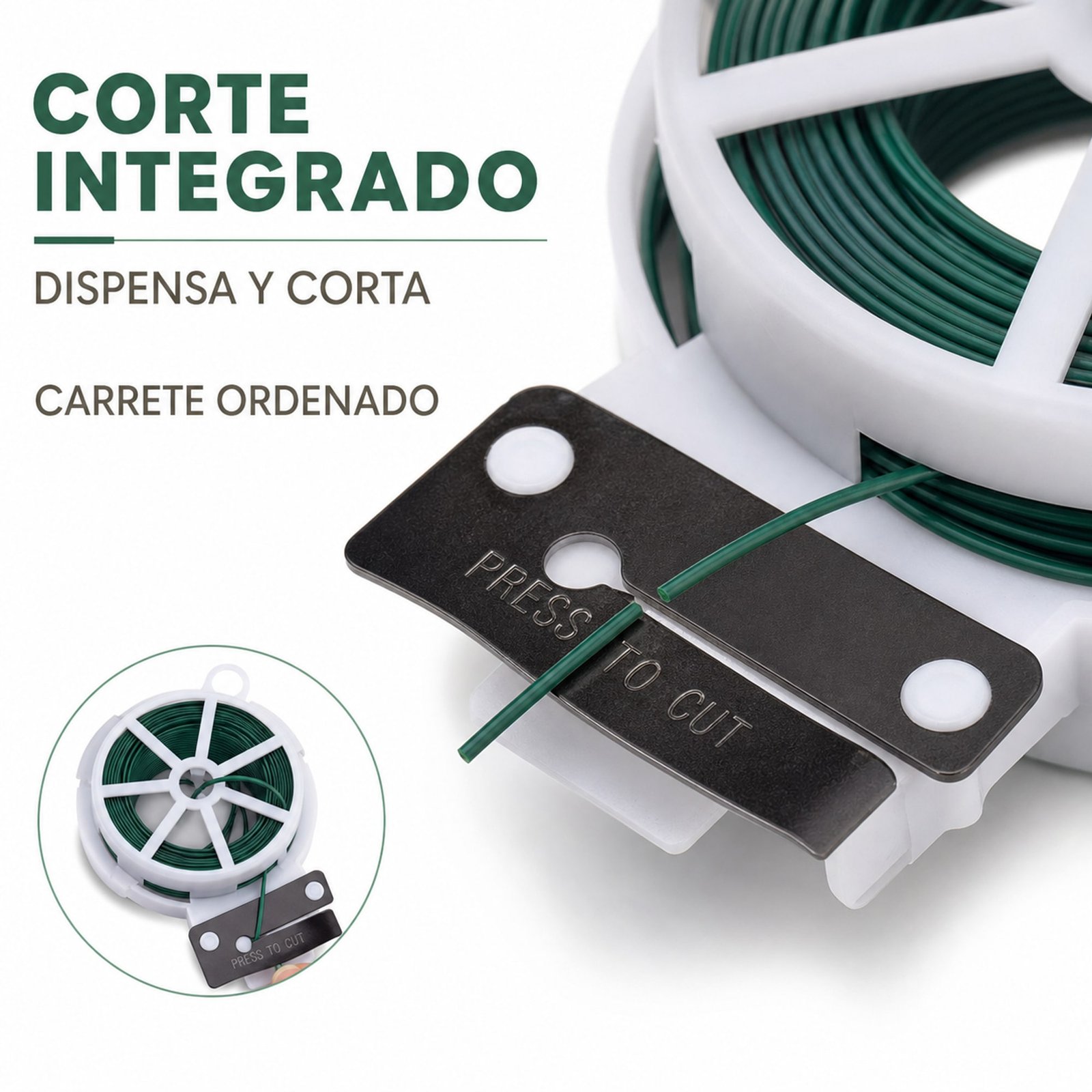 Detalle del cortador integrado y del alambre verde almacenado en el carrete