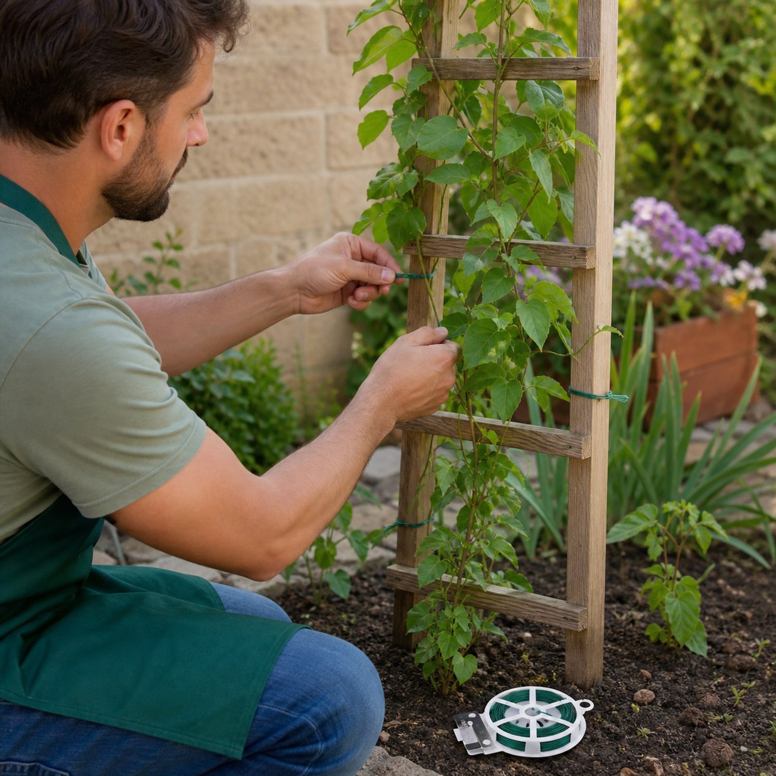 Jardinero guiando una enredadera sobre un enrejado con alambre verde