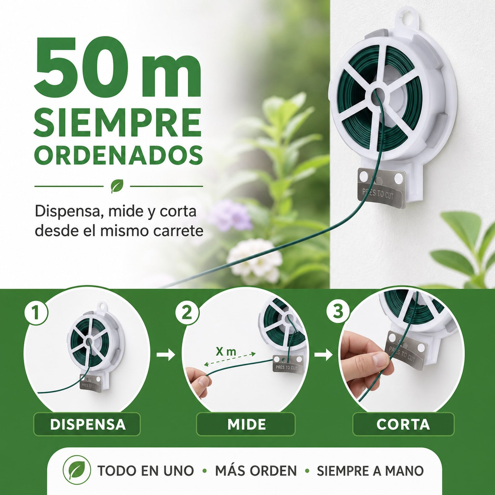 Carrete dispensando 50 m de alambre de jardín verde de forma ordenada