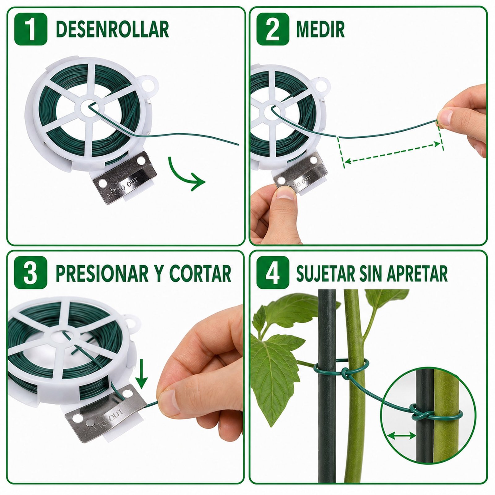 Pasos para desenrollar, medir, cortar y sujetar con alambre de jardín