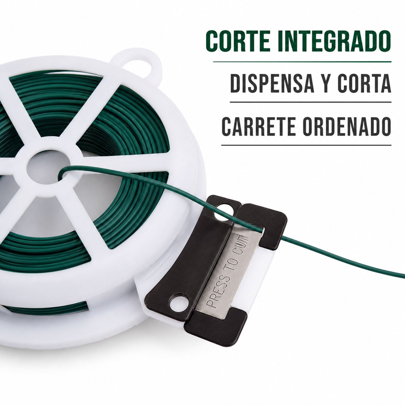 Detalle del cortador integrado y del alambre verde almacenado en el carrete