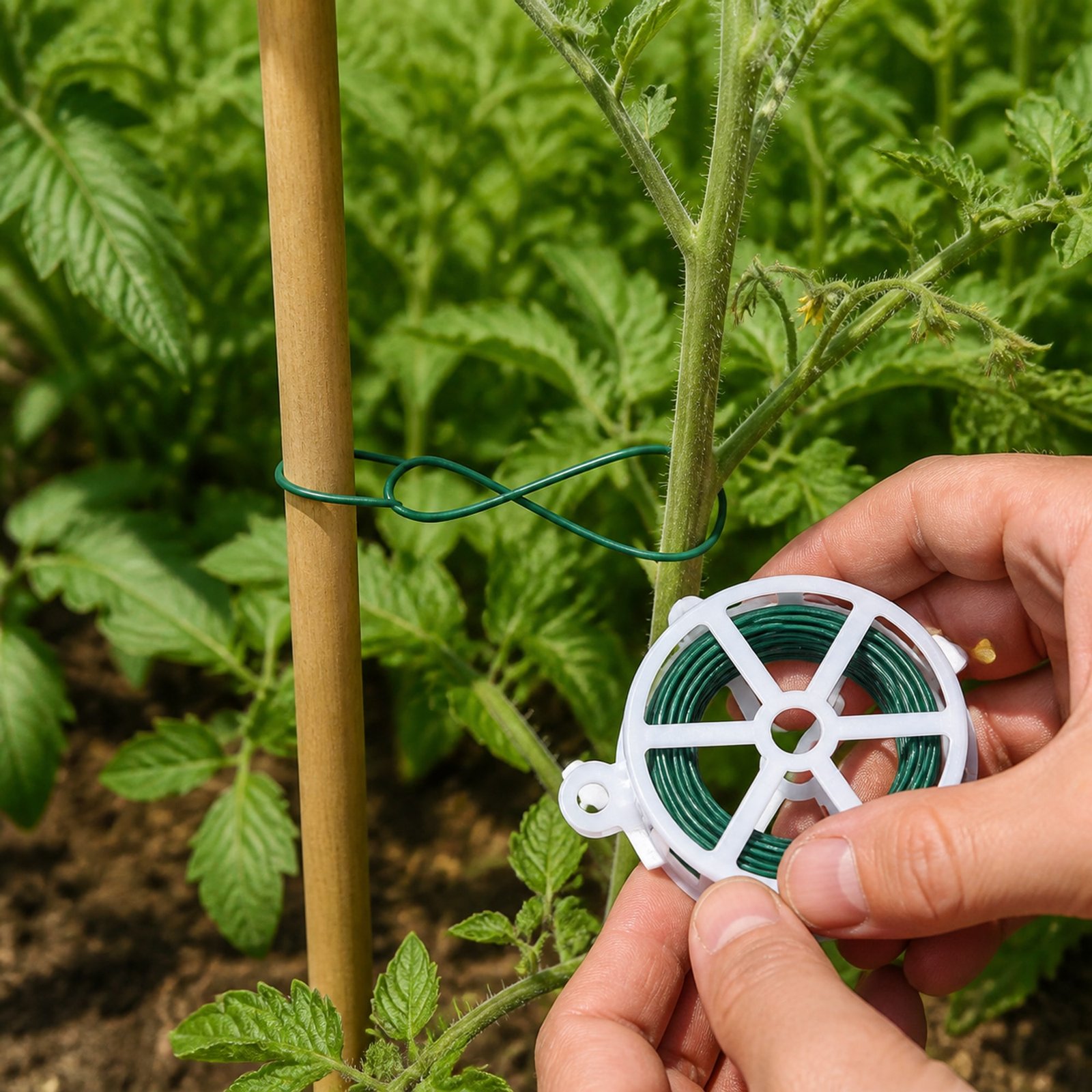 Alambre verde sujetando una planta de tomate a una estaca con espacio de crecimiento