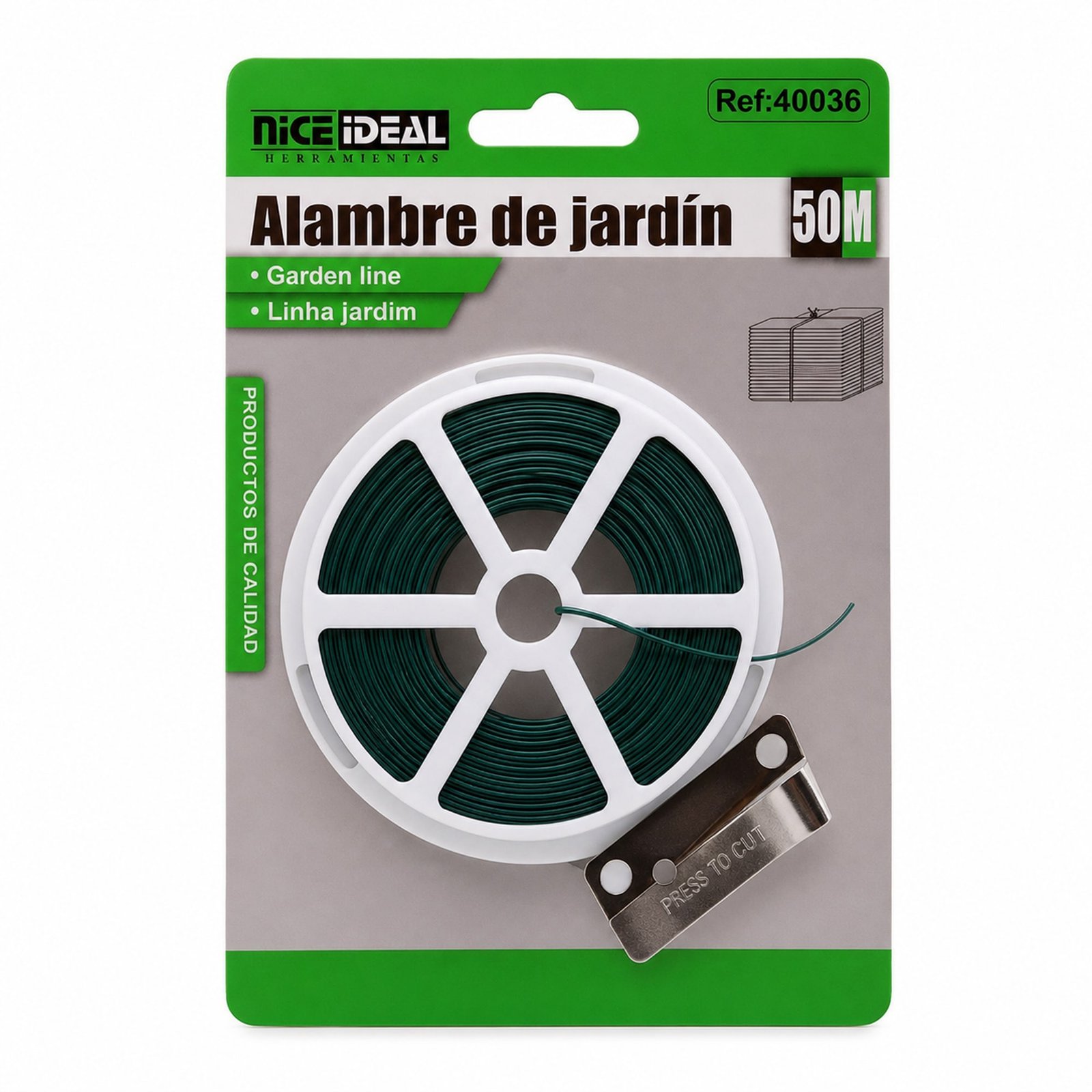 Alambre de jardín verde de 50 m en carrete con cortador integrado, SKU 40036