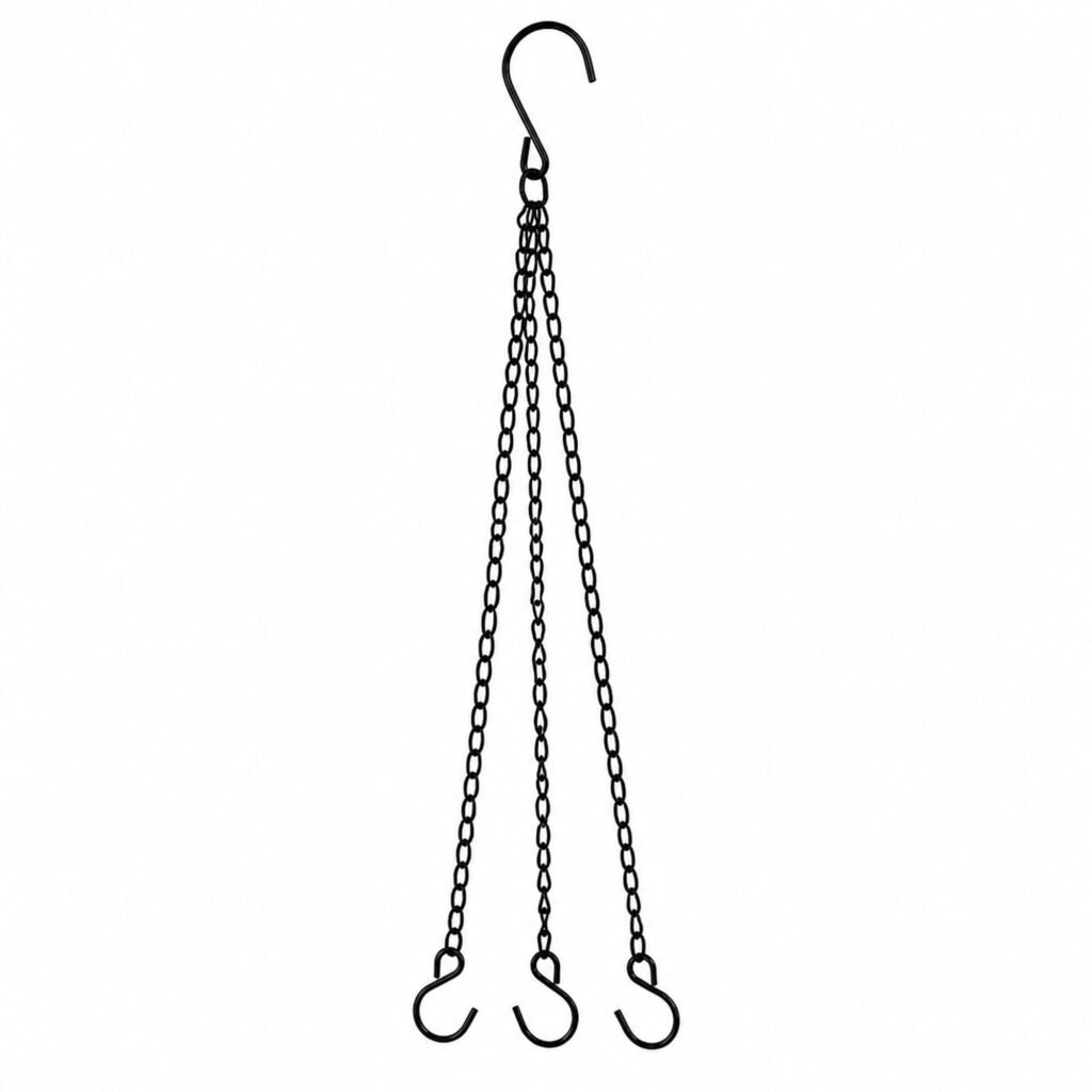 Colgador negro para macetas con tres cadenas y cuatro ganchos, SKU 40037