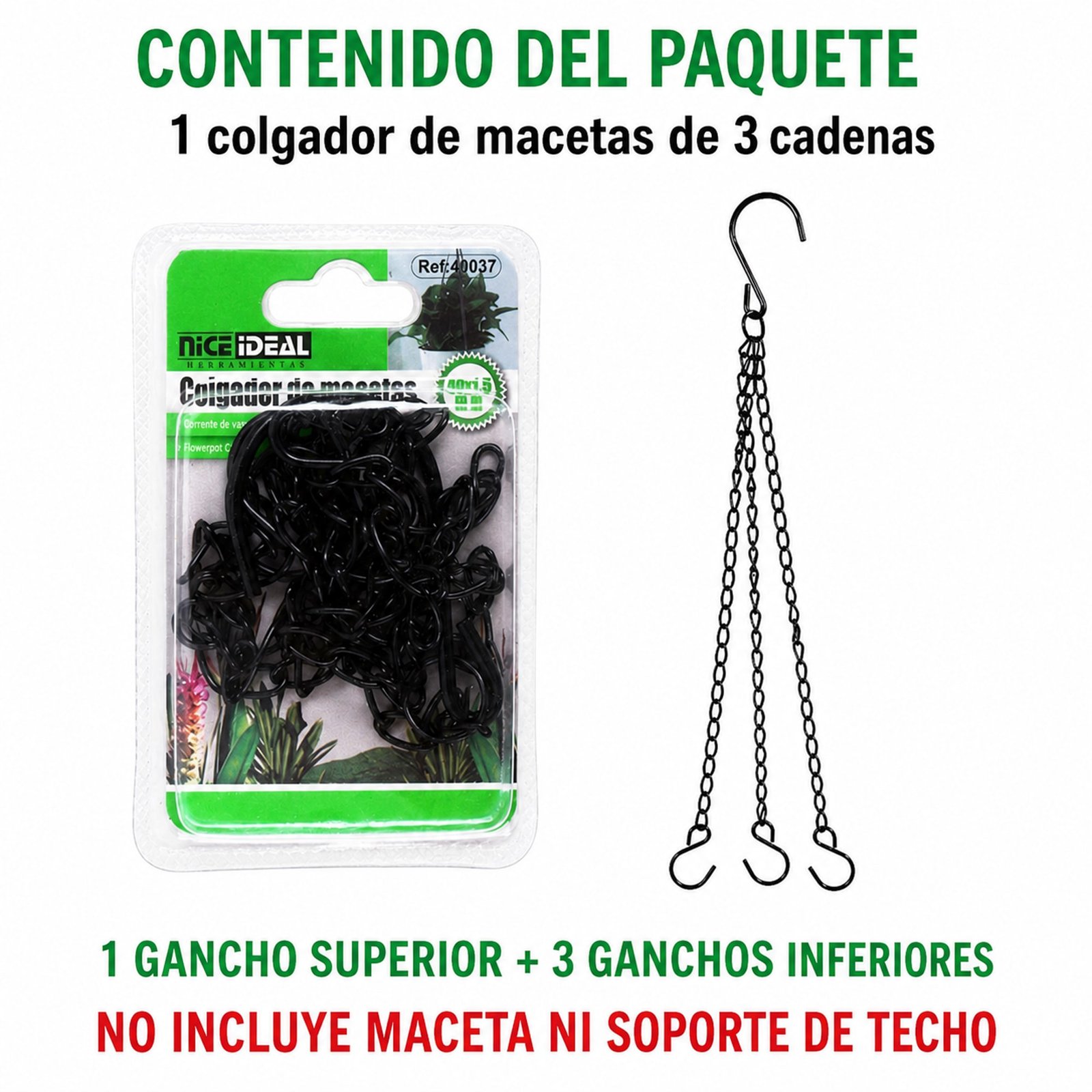 Contenido del paquete: un colgador de macetas de tres cadenas