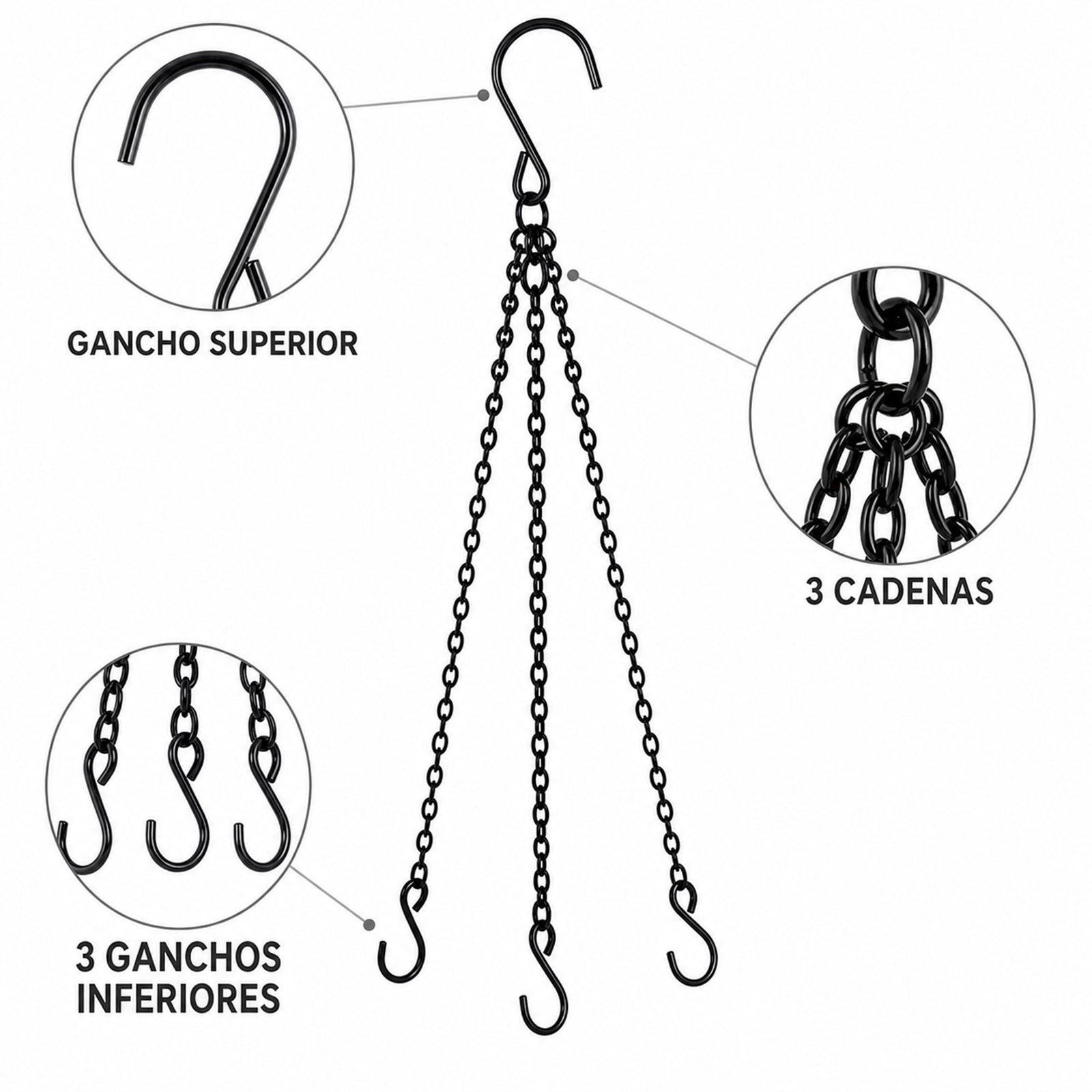 Detalle del gancho superior, las tres cadenas y los tres ganchos inferiores