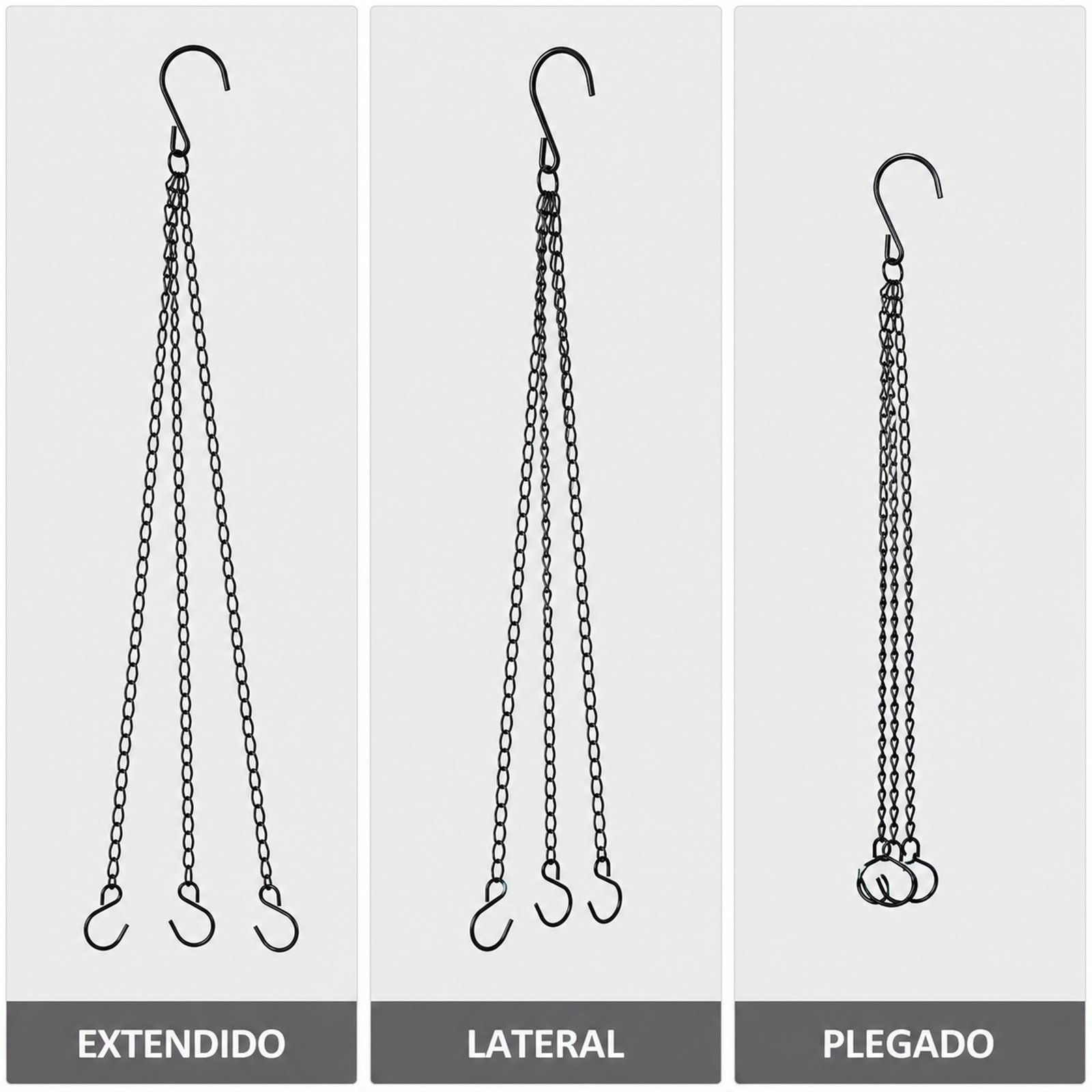 Colgador de macetas visto extendido, de lado y plegado