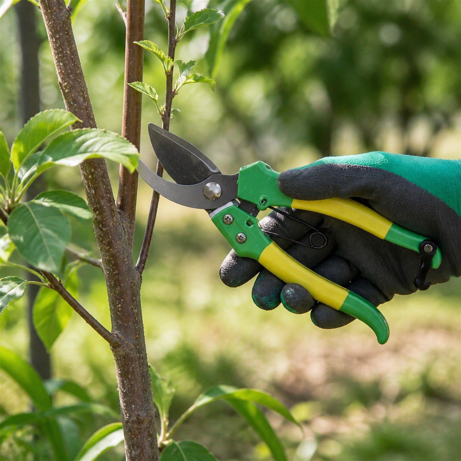 Tijera manual realizando poda ligera en árbol frutal joven