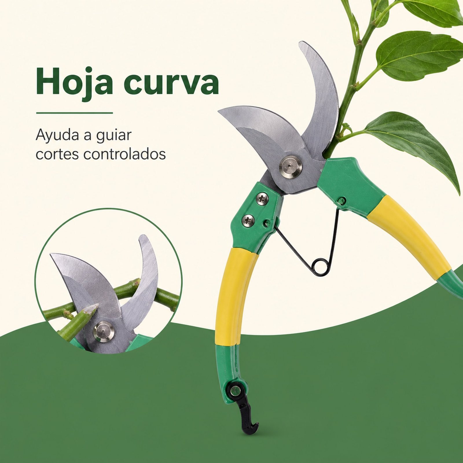 Tijera de podar con hoja curva guiando un corte controlado