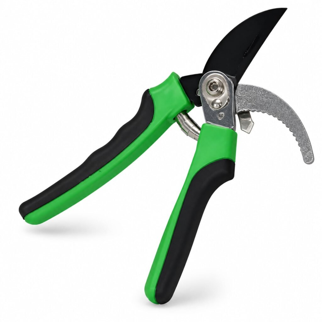 Tijera de podar verde y negra de 23 cm con apoyo dentado, SKU 40041