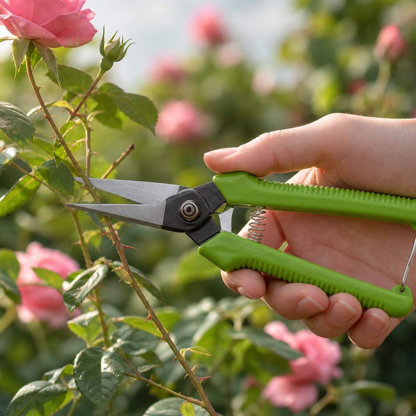 Tijera de podar verde usada para poda ligera de rosal