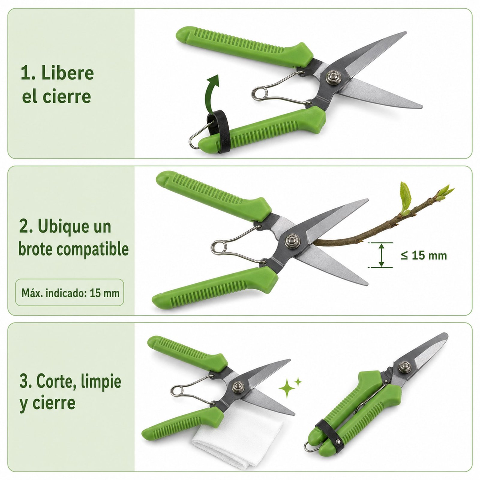 Pasos para abrir, usar, limpiar y cerrar tijera de podar recta