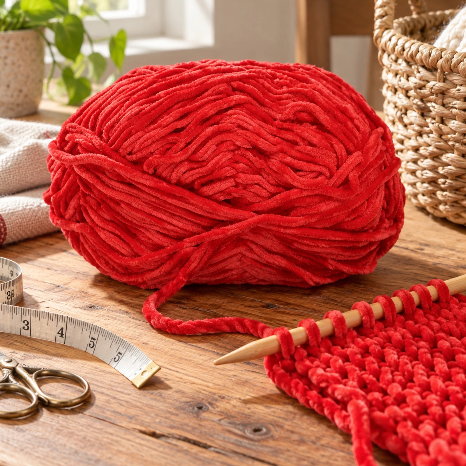 Hilo chenille grueso para tejer, 100 g, rojo intenso 61 - Imagen 2