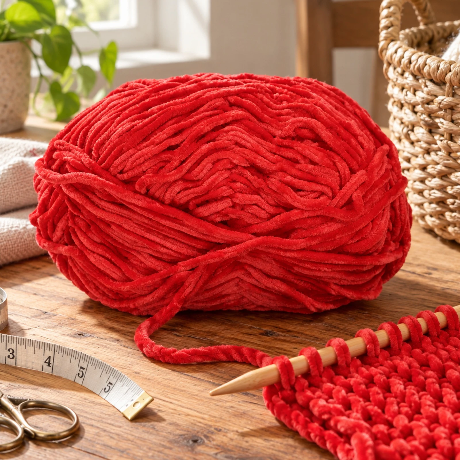 Hilo chenille grueso para tejer, 100 g, rojo intenso 61 - Imagen 3
