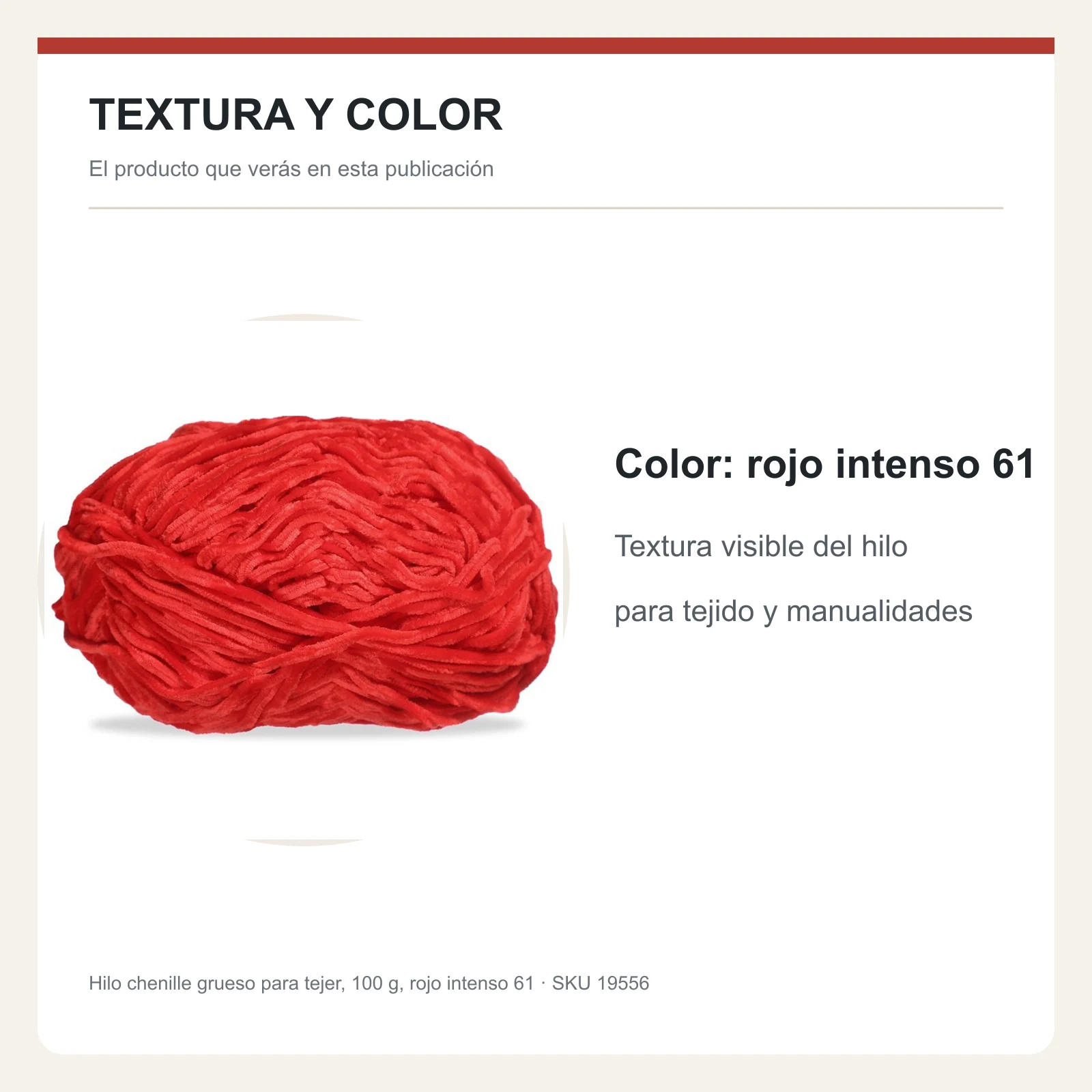 Hilo chenille grueso para tejer, 100 g, rojo intenso 61 - Imagen 6