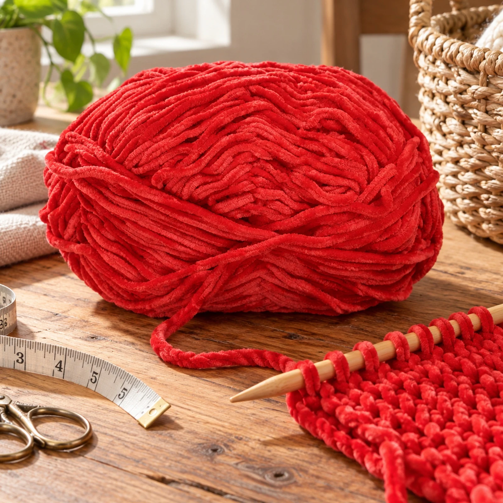 Hilo chenille grueso para tejer, 100 g, rojo intenso 61 - Imagen 7