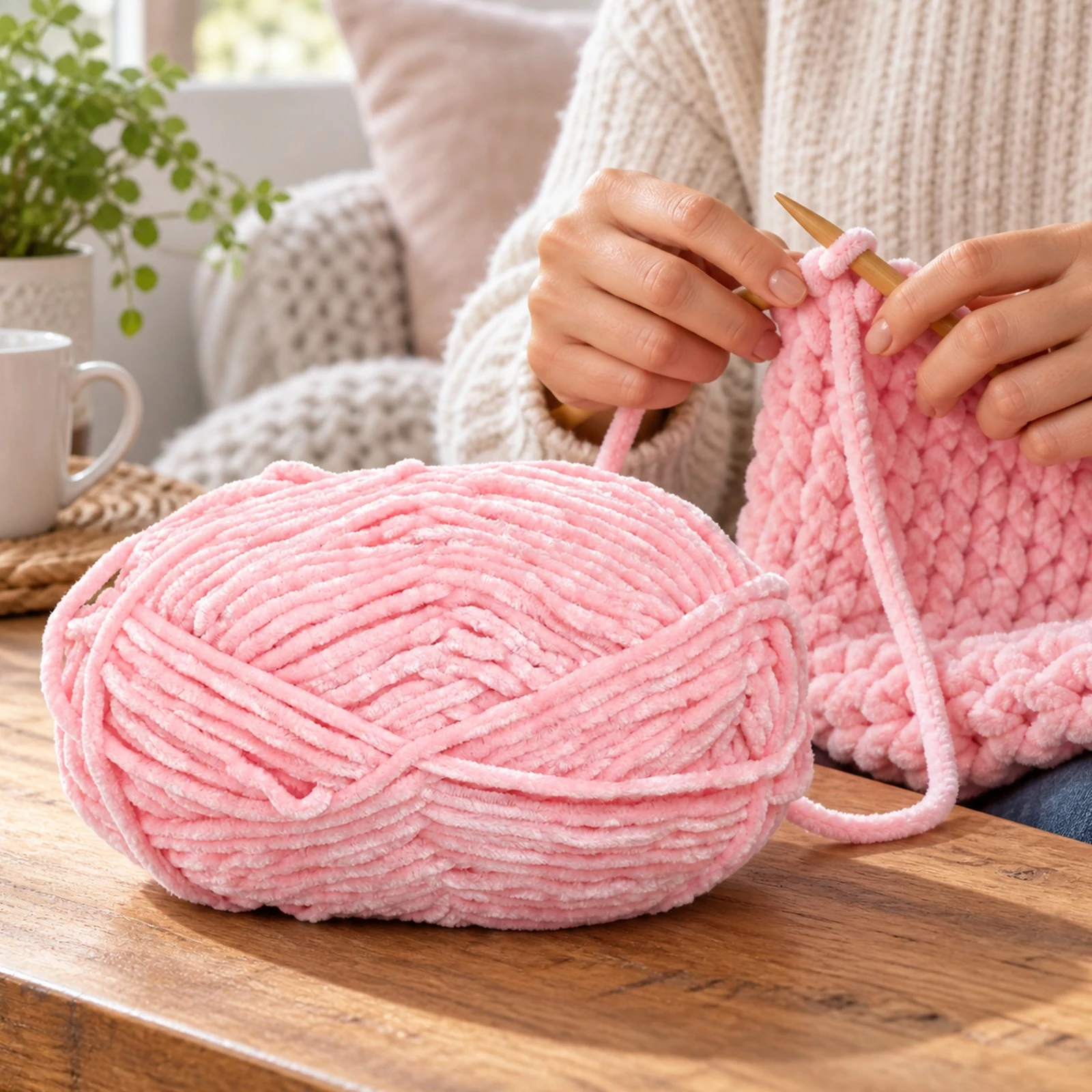 Hilo chenille grueso para tejer, 100 g, rosa 64 - Imagen 2