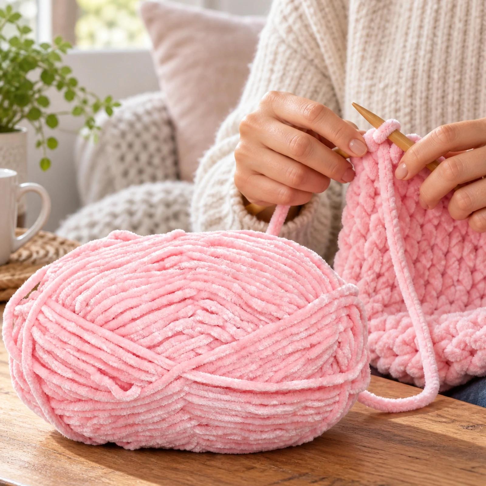 Hilo chenille grueso para tejer, 100 g, rosa 64 - Imagen 3