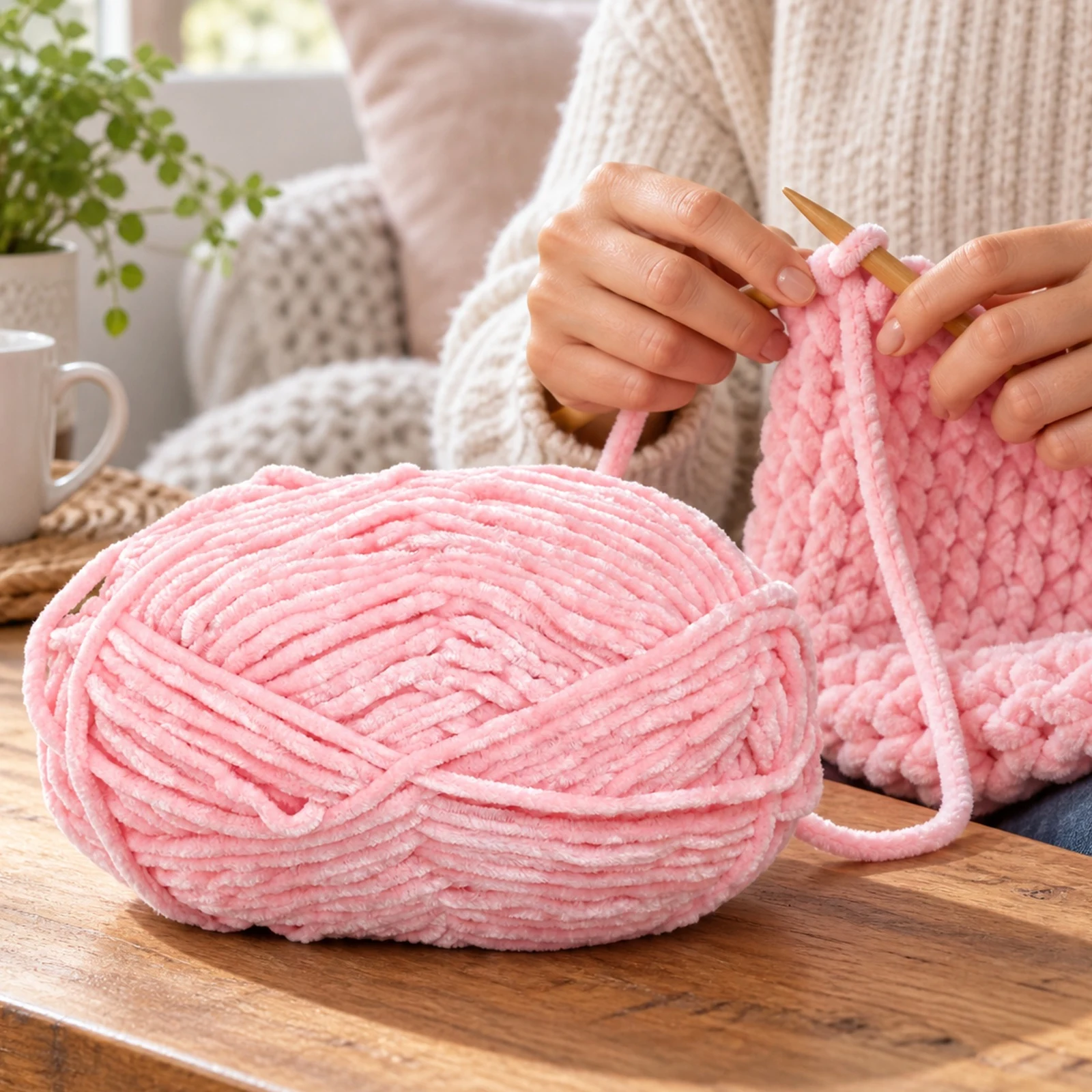 Hilo chenille grueso para tejer, 100 g, rosa 64 - Imagen 7