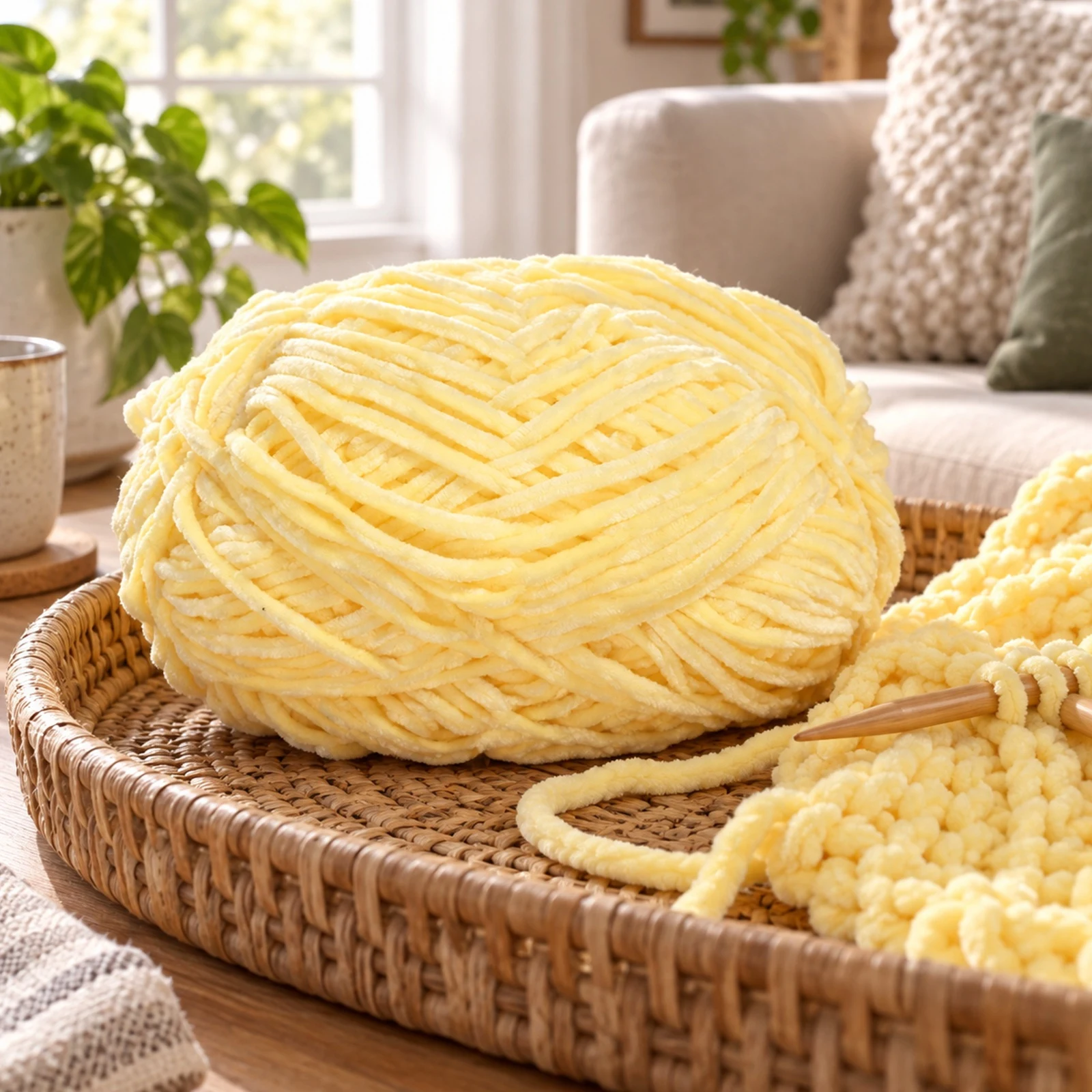 Hilo chenille grueso para tejer, 100 g, amarillo claro 70 - Imagen 2