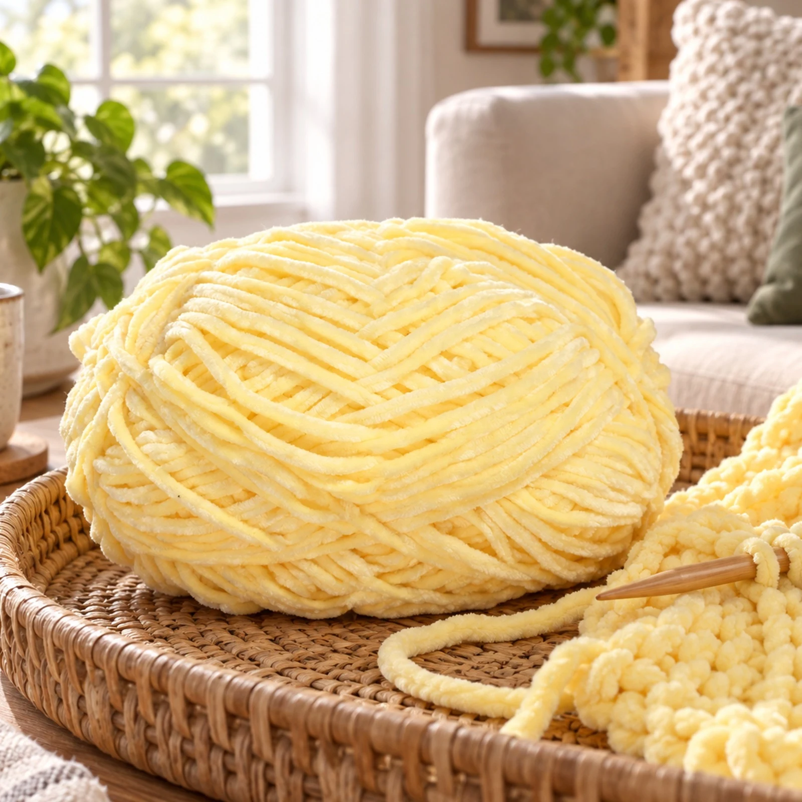 Hilo chenille grueso para tejer, 100 g, amarillo claro 70 - Imagen 3