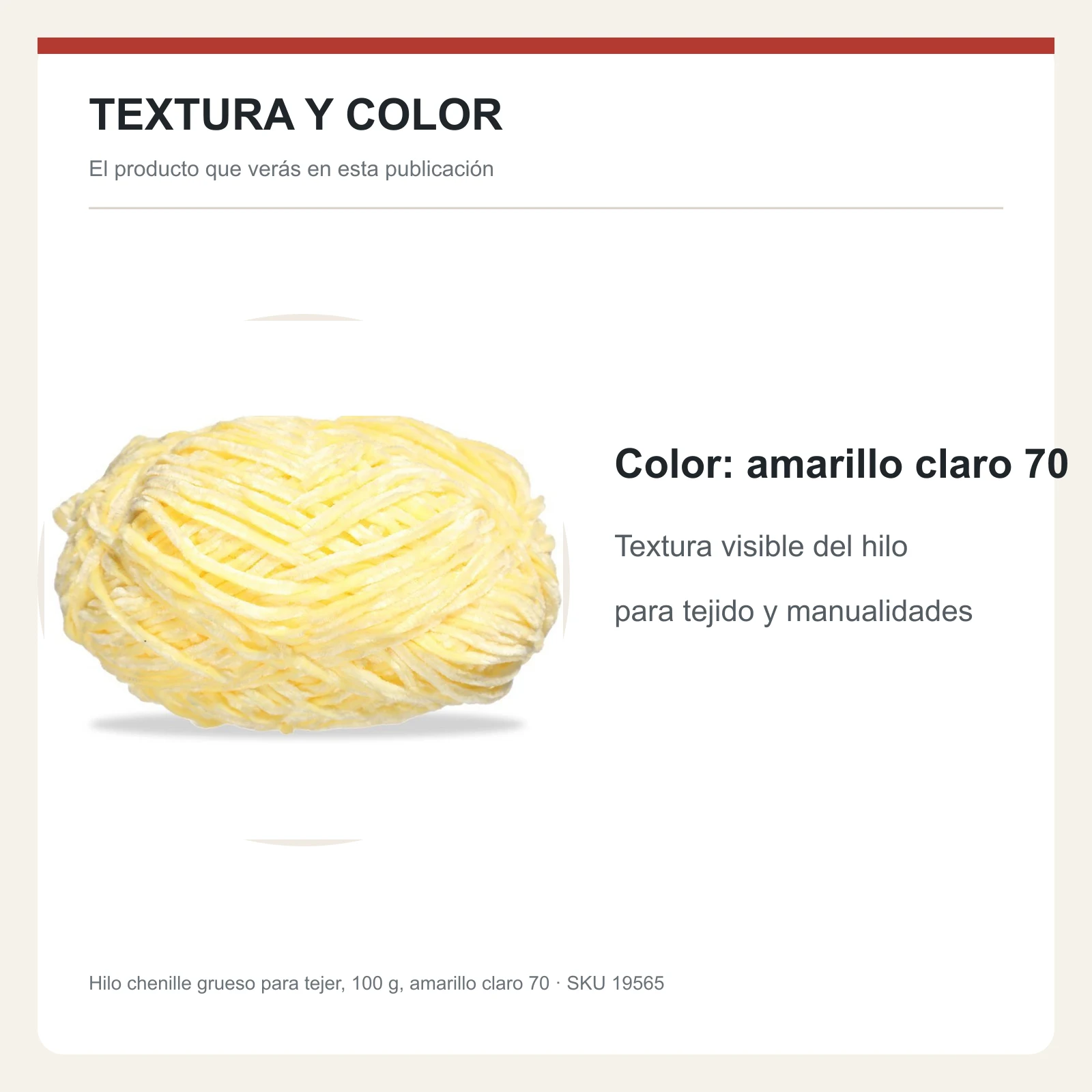 Hilo chenille grueso para tejer, 100 g, amarillo claro 70 - Imagen 6