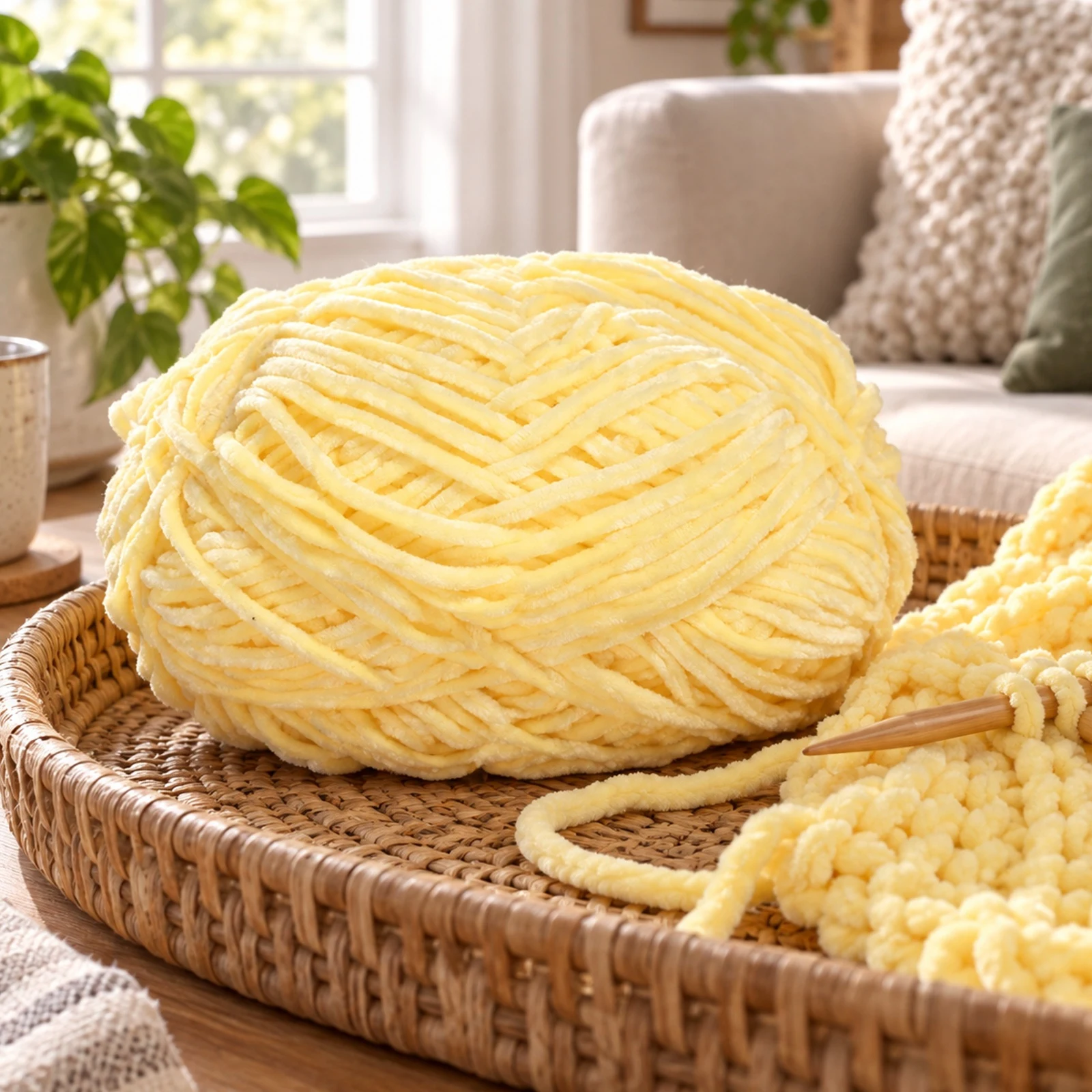 Hilo chenille grueso para tejer, 100 g, amarillo claro 70 - Imagen 7