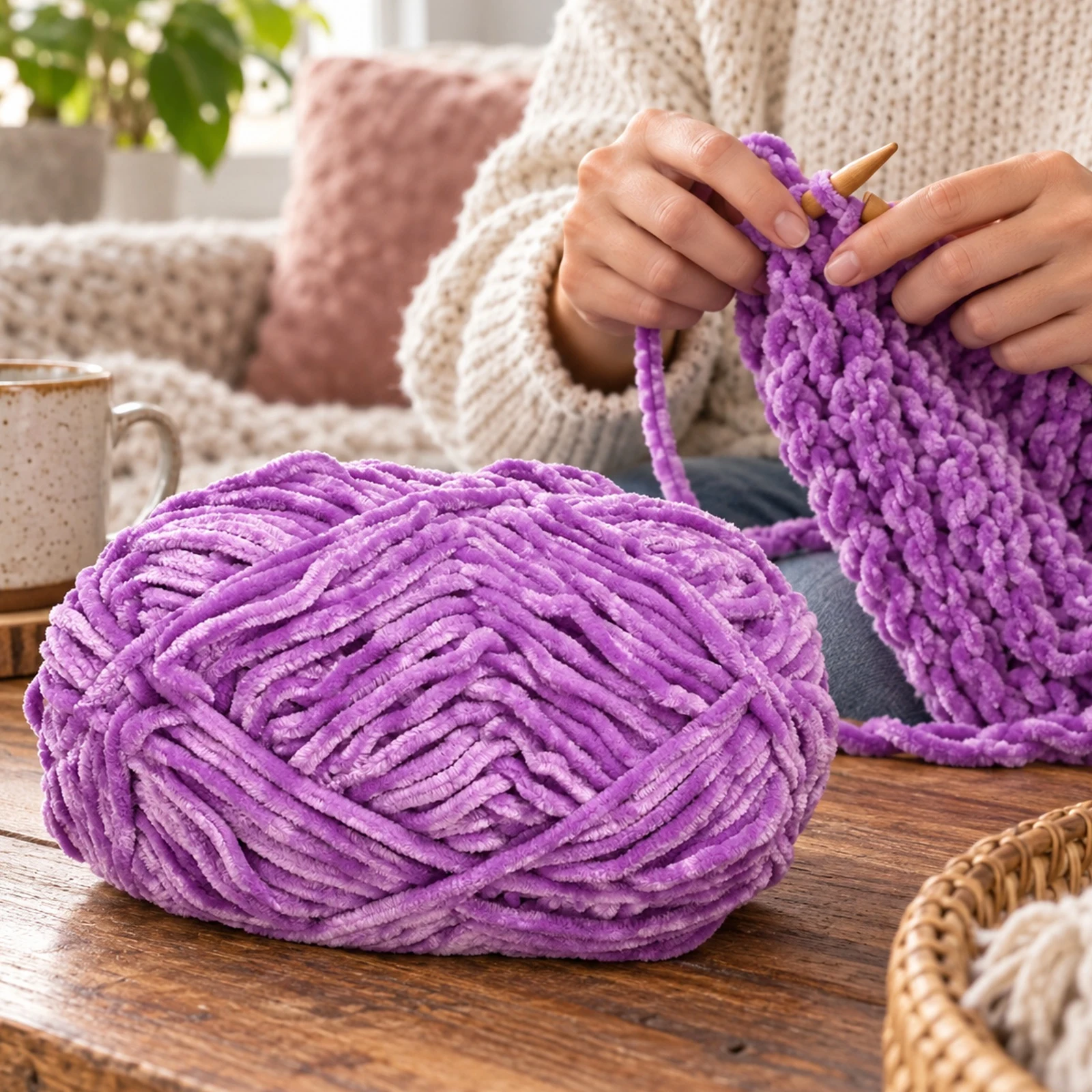 Hilo chenille grueso para tejer, 100 g, rojo lavanda 72 - Imagen 2